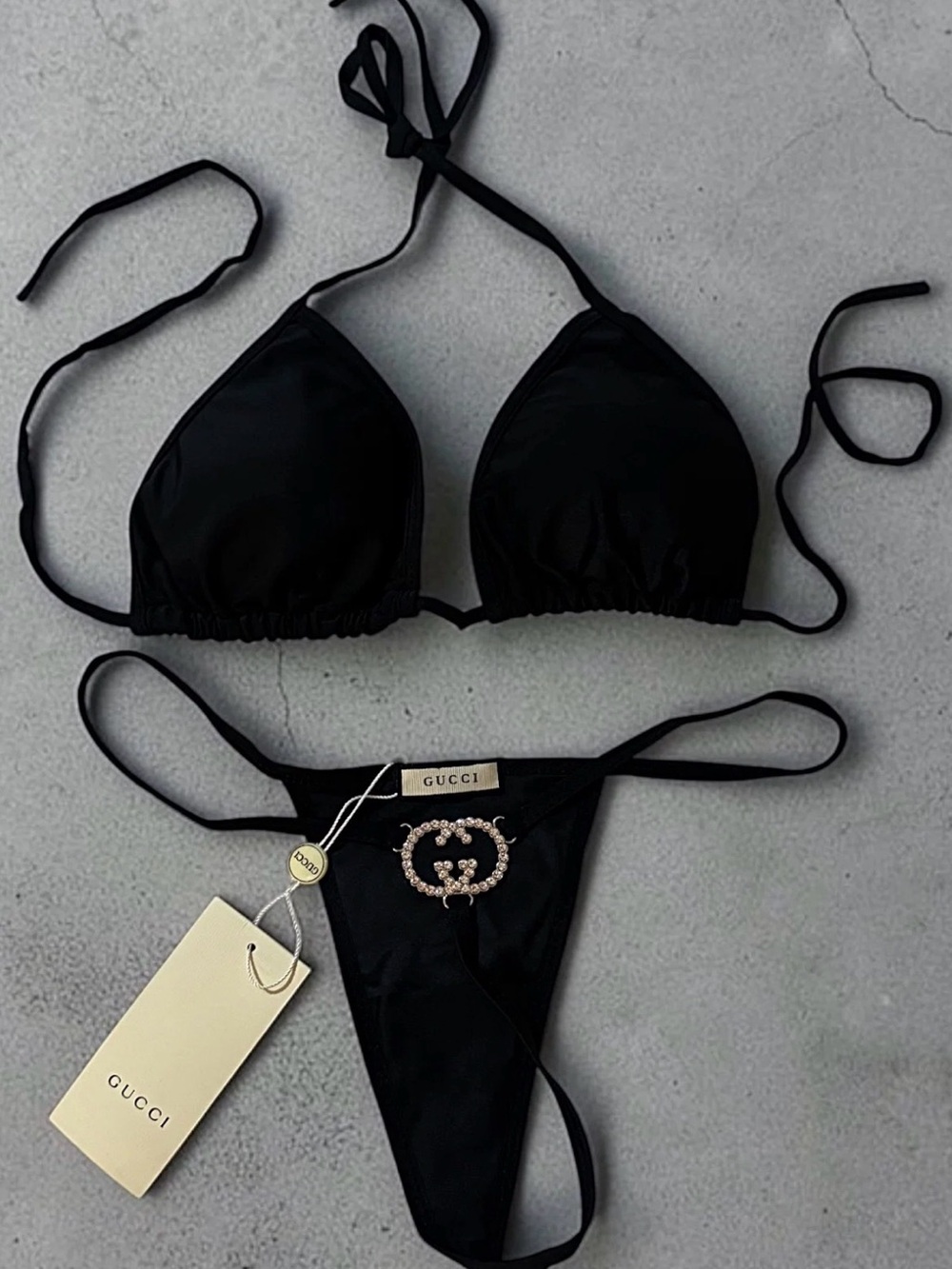 Gucci Black String Bikini with Crystal Double-G Accent